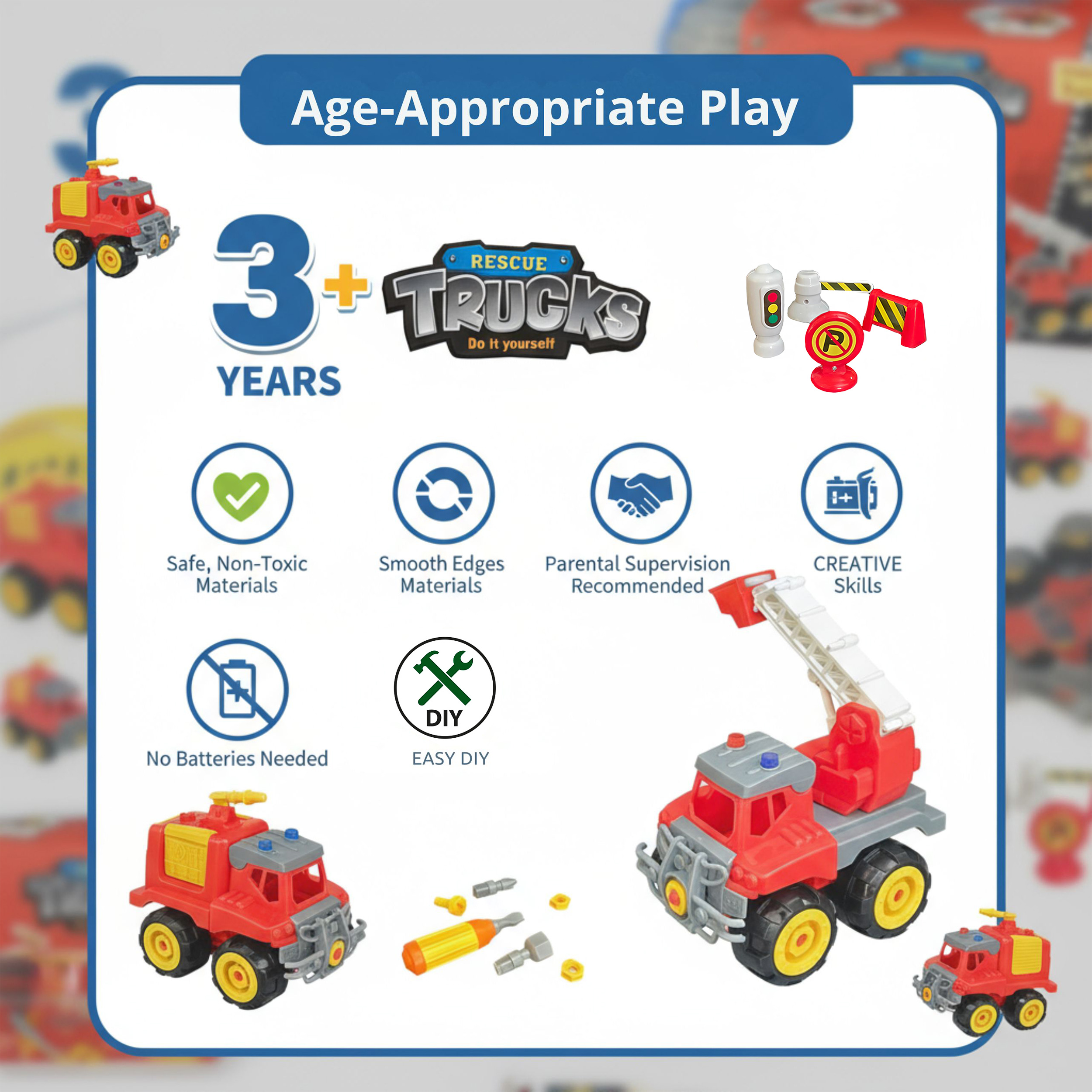 STEM DIY Fire Rescue Truck Building Kit (2 Vehicles) with Screwdriver, Traffic Signs & Moving Parts – Friction-Powered Take Apart Toy for Kids 3+