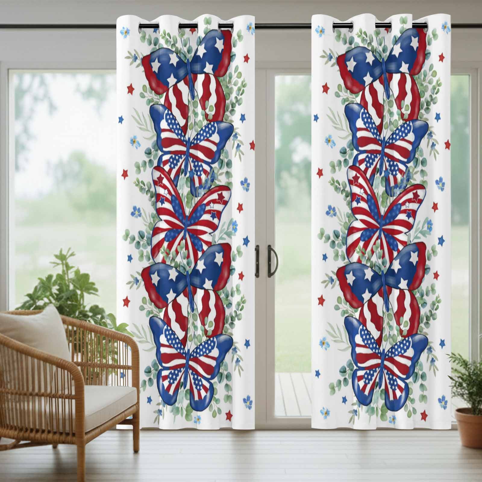 Independence Day Butterfly Outdoor Curtains for Patio, Country American Flag Butterfly Star Green Leaf Sunshade Privacy Drapes Grommet Waterproof Outside Curtains for Porch Balcony 54"x108", 1 Panel