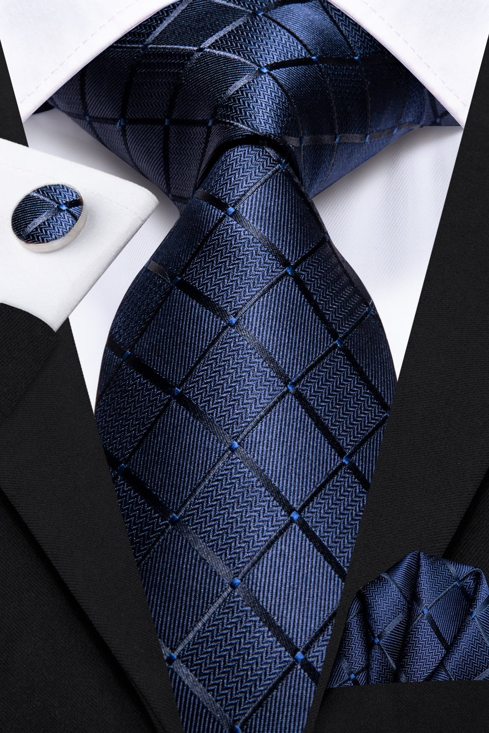 Hi-Tie Navy Blue Plaid Mens Ties Woven Checks Business Necktie Set with ...