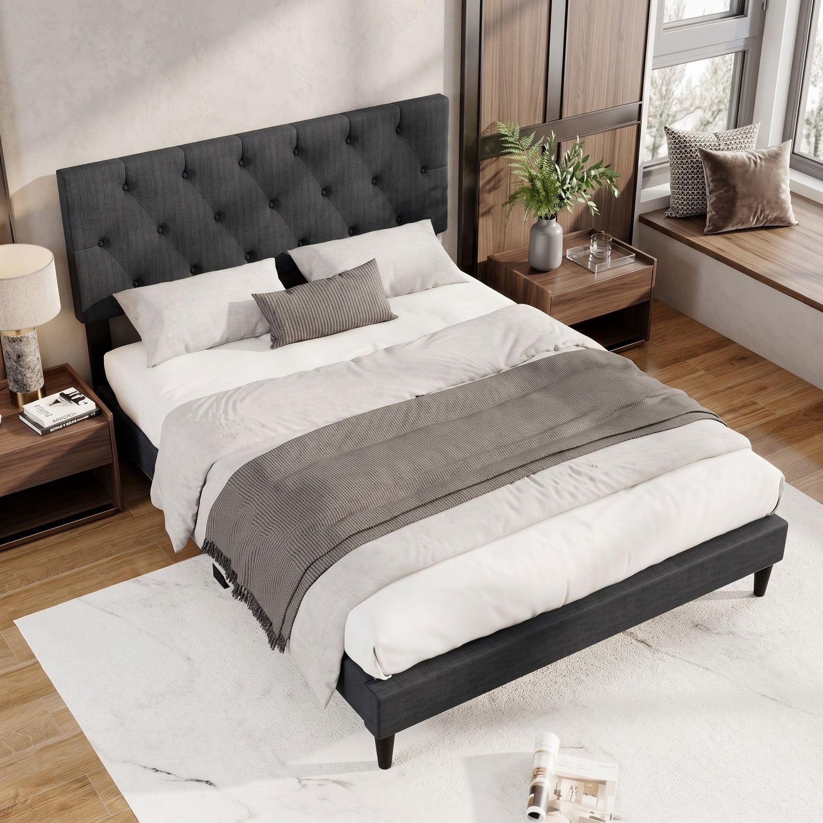 Furnibear Full Size Bed Frame Upholstered Platform Bed with Button Tufted Wingback Headboard and Wooden Slat Support for Bedroom Guest Room, Gray