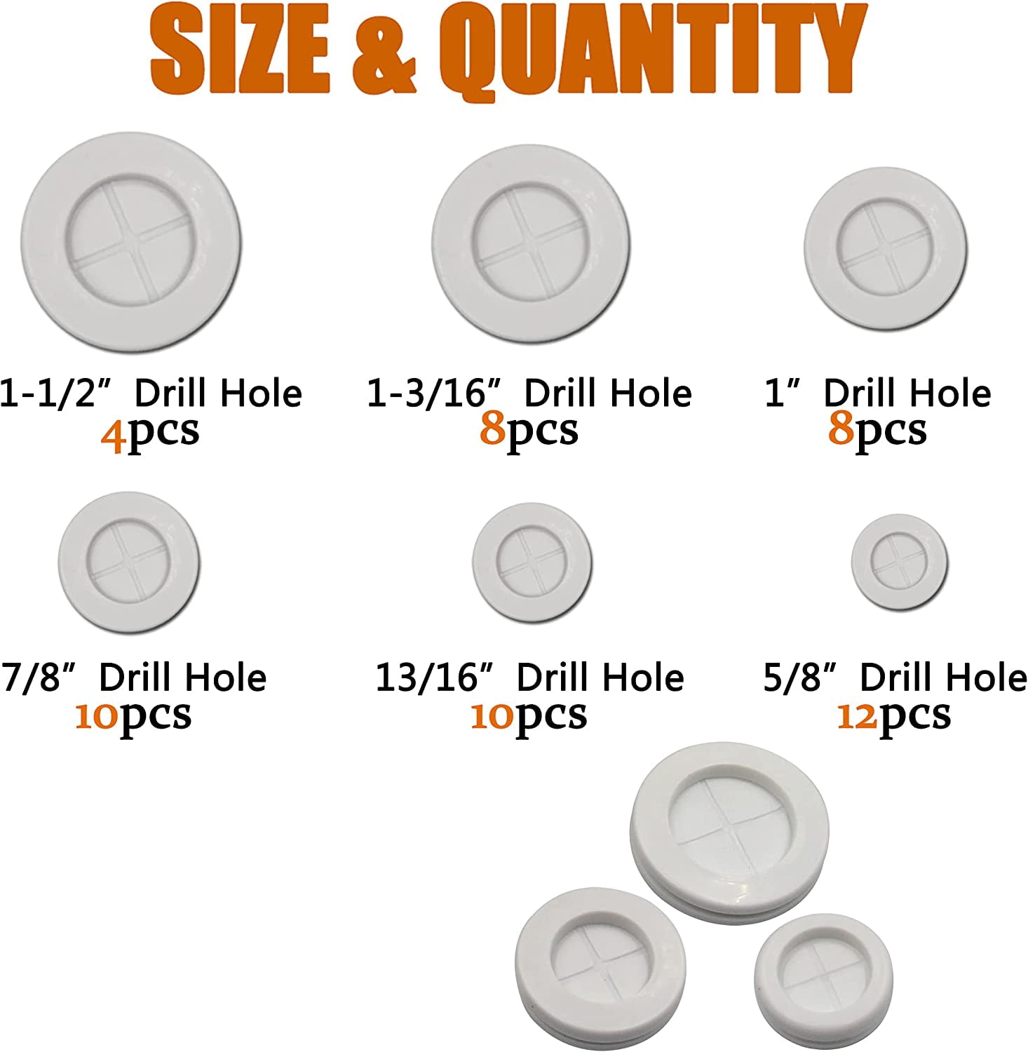 52pcs 6 Sizes Rubber Grommet, Double Sided Round Rubber Hole Plug, Drill Hole 5/8" 13/16" 7/8" 1" 1-3/16" 1-1/2" (White)