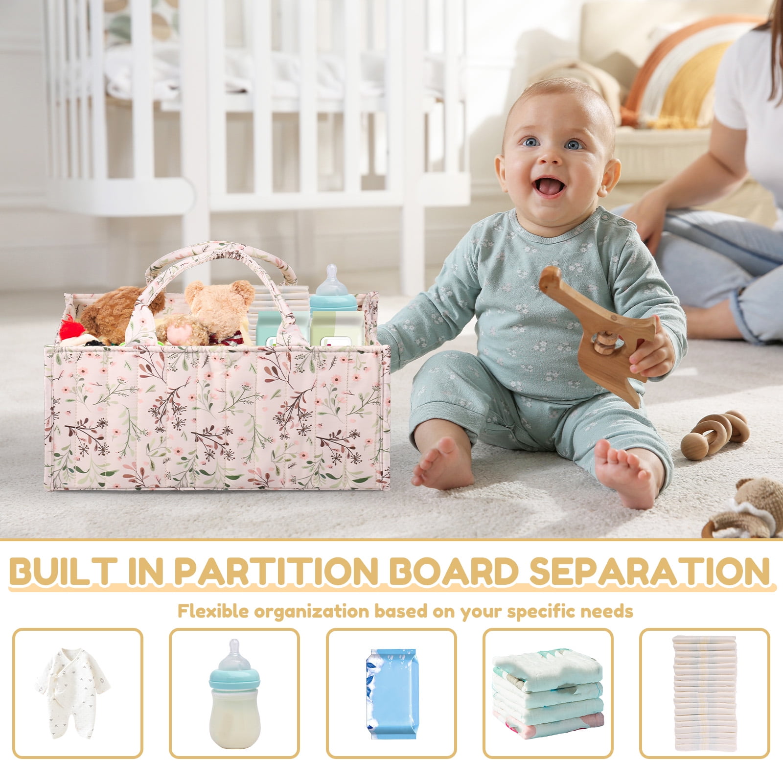 Floral Diaper Caddy Organizer, Stylish Nursery Storage Basket, Gift for Baby Shower, Baby Registry Must Have, Newborn Essentials