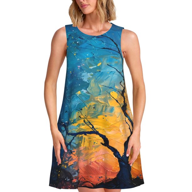 Balery Abstract Night Sky Tree Vestidos de verano para mujer con estampado: vestido holgado sin mangas, vestido playero informal y cómodo para días calurosos.