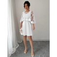 thumbnail image 5 of White Womens Elegant Floral Appliqué Chiffon Overlay A-Line Short Dress With Bell Sleeves, 5 of 6