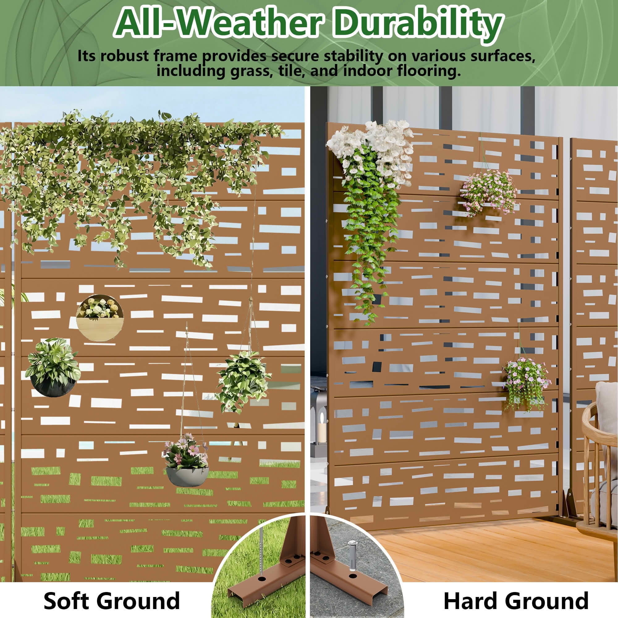 MAYEERTY 72X47" Metal Outdoor Brown Privacy Screen for Backyard & Garden, 6 Piece Set, Double‑sided Installation