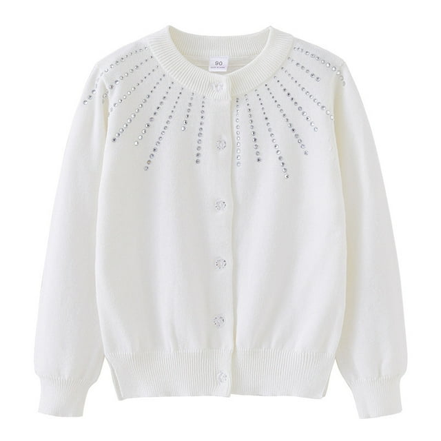 Girls' Rhinestone Knit Cardigan Round Neck Cotton Sweater Jacket