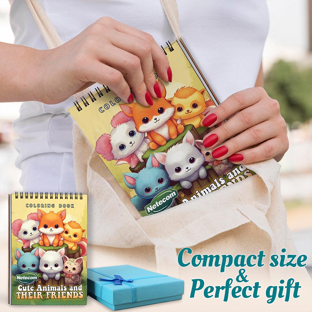 Netecom Cute Animals and Their Friends Coloring Book Spiral Bound for Adutls, A5 Wooden Cover, 30 Adorable Critters Coloring Pages of Furry Pals for Stress Relief and Relaxation
