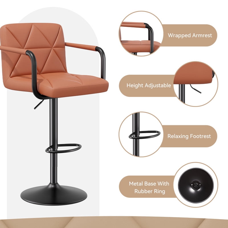 Hawsaiy Modern Bar Stools Set of 2, PU Leather Adjustable Swivel Bar Chairs with Armrests and Back, Hydraulic Counter Height Stools with Footrest for Kitchen Island, Dining Room, Bar, Umber