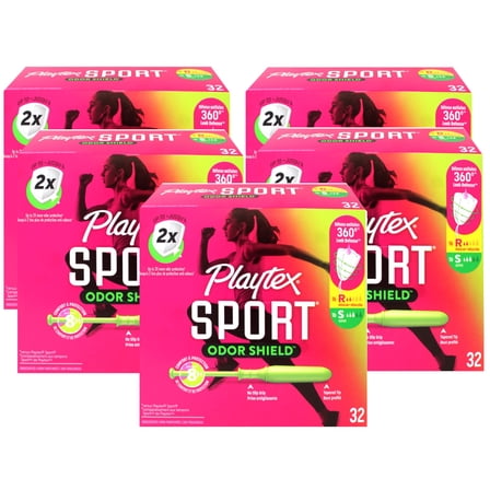 Playtex Sport Odor Shield Tampons (16ct Regular/16ct Super), with 360 Leak Defense, Unscented, 32 Count - 5 Pack