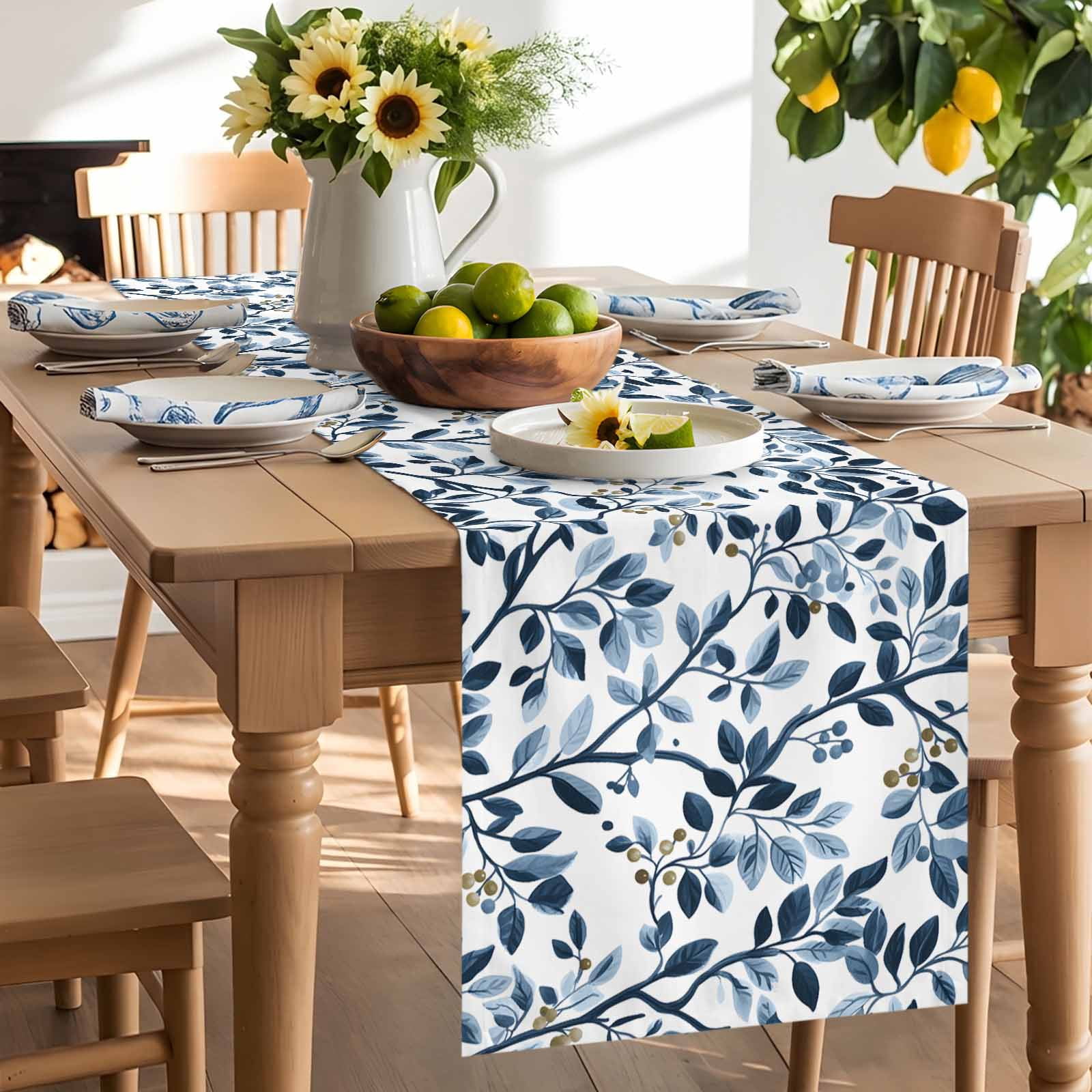 Farmhouse Vintage Branches Table Runner 90 Inches Long, Country Blue Leaf Fruit Table Runners Tabletop Scarf Kitchen Dining Tables Decoration for Home Party Indoor Outdoor