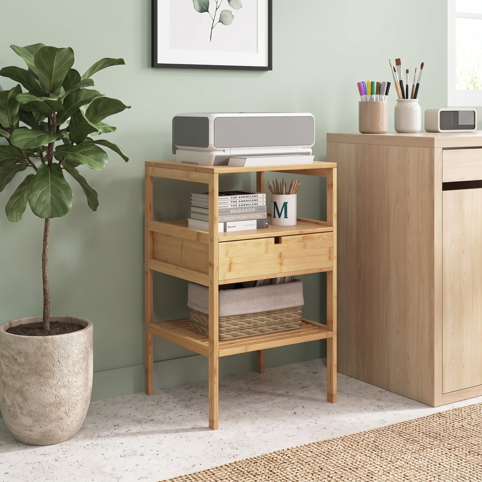 Furnibear Bamboo Nightstand Set of 2 with Storage Drawer and Slatted Open Shelf for Bedroom and Living Room, Wood Bedside Table, Natural