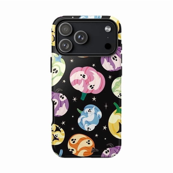 Colorful Ghost Pumpkin Phone Case, Cute Halloween Pattern iPhone Cover, Spooky Fun Protective Case for iPhone 17 16 15 14 13 12 11 Pro Max Mini