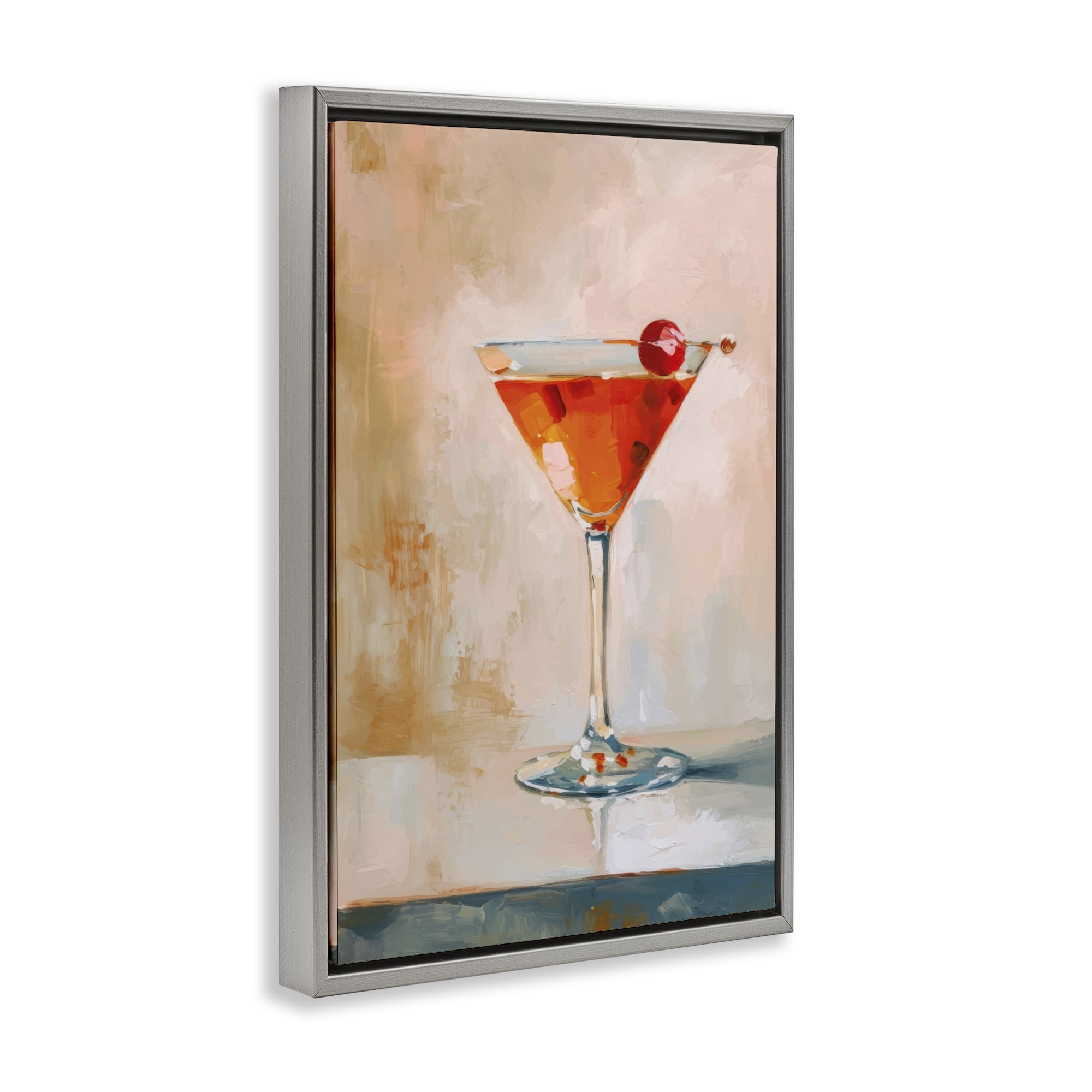 Stupell Industries Manhattan Cocktail with Cherry Food & Beverage Painting Gray Floater Framed Canvas Art Print Wall Art, 21 x 31
