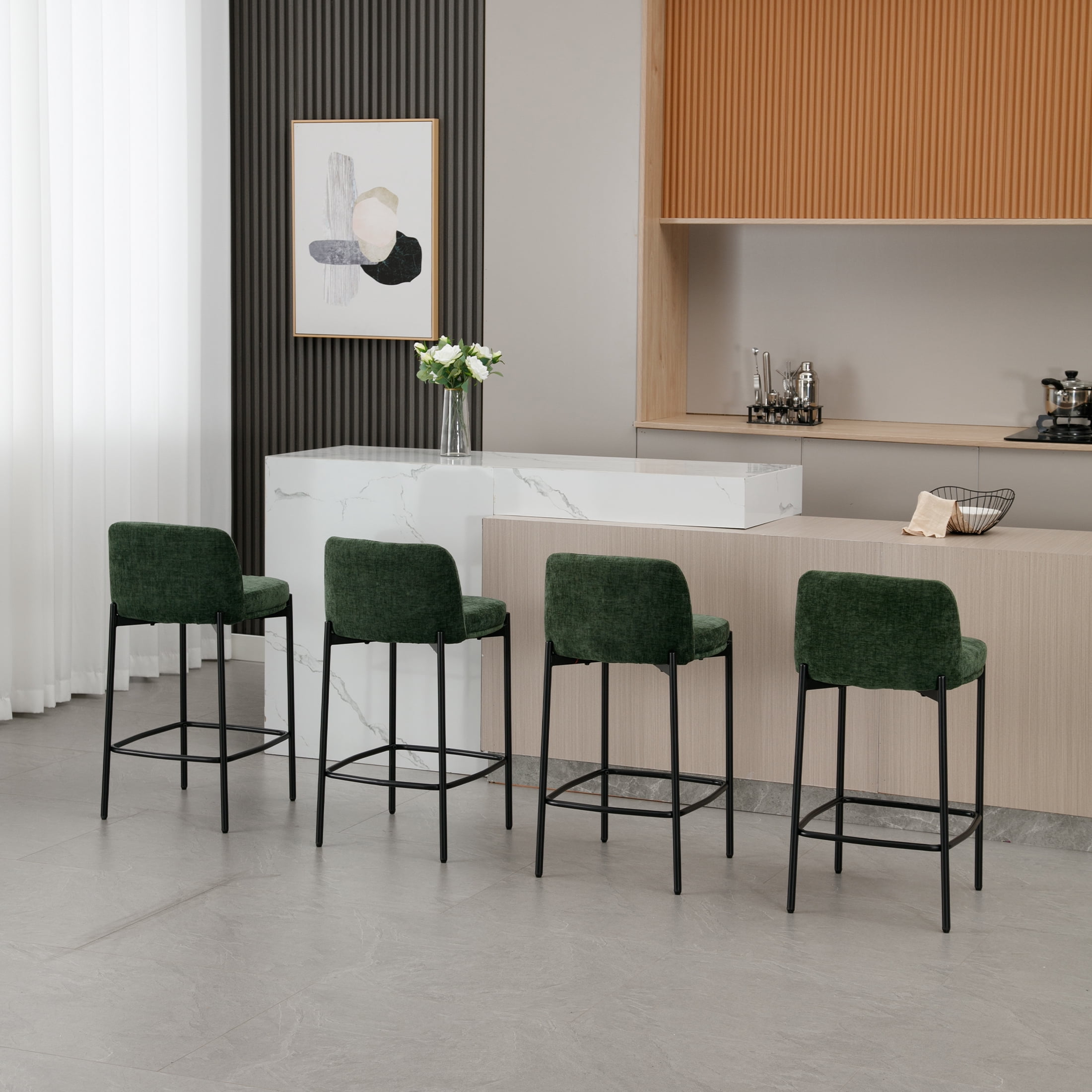 Guyou 26" Modern Counter Height Bar Stools Set of 6, Chenille Upholstered Boucle Bar Stools, Armless Kitchen Island Chairs for Dining Room Bar Bistro, Green