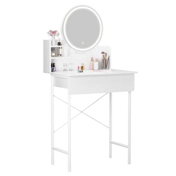 Ltoshu Makeup Vanity Desk with LED Lighted Mirror - 1 Drawer & 2 Open Shelves, 3 Modes Brightness Adjustable - Bedroom Dressing Table for Makeup Storage (Simple Style)