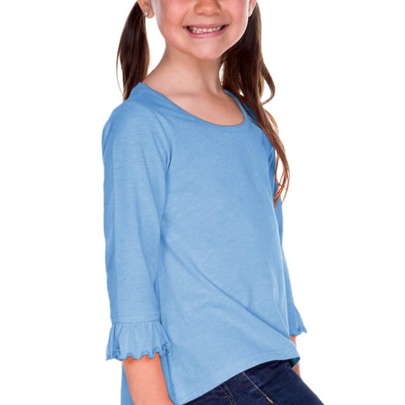 Kavio! Little Girls 3-6X Sheer Jersey Ruffled 3/4 Sleeve High Low Top Azure 3