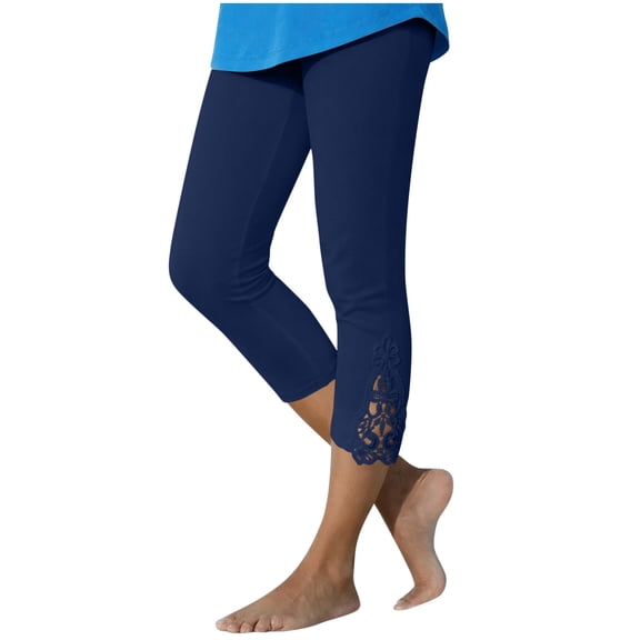 Qingpeng Womens Capri Pants Stretchy Tummy Control Workout Leggings Casual Slim Comfy Athletic Gym Yoga Lace Cropped Pants