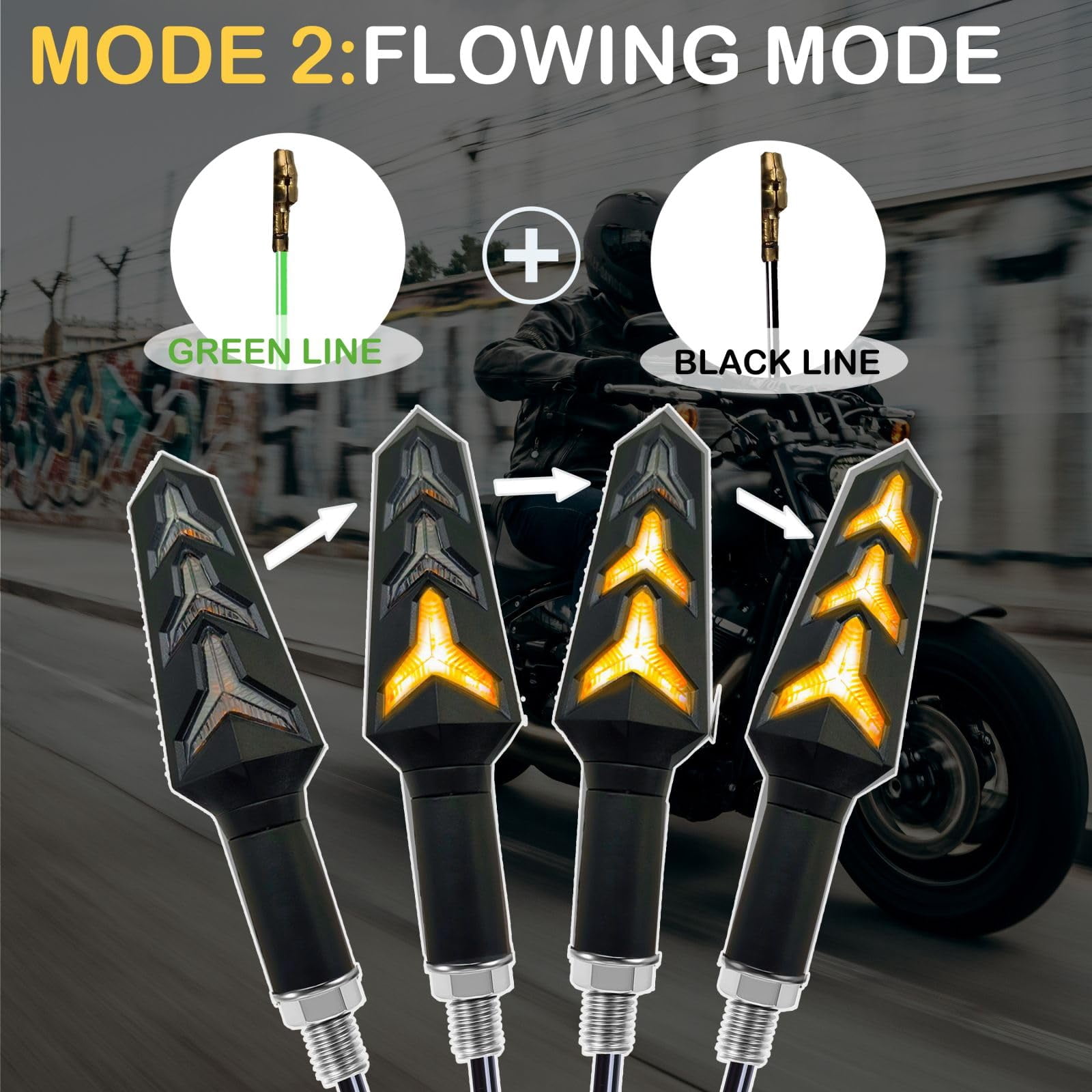VRWEARE 4PCS Universal Motorcycle Turn Signals LED 12V 3 Wire Flowing Indicator Lights 14 Bulbs Compatible with Motorbike Scooter Quad Cruiser Yamaha Harley Suzuki Off Road