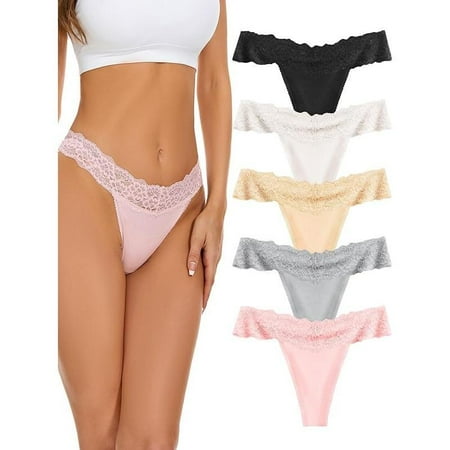 Seamless Lace Thongs for Women No Show Thong Underwear Lady Breathable Comfort Panty Soft Laser Cut Undie Tanga 5-Pack