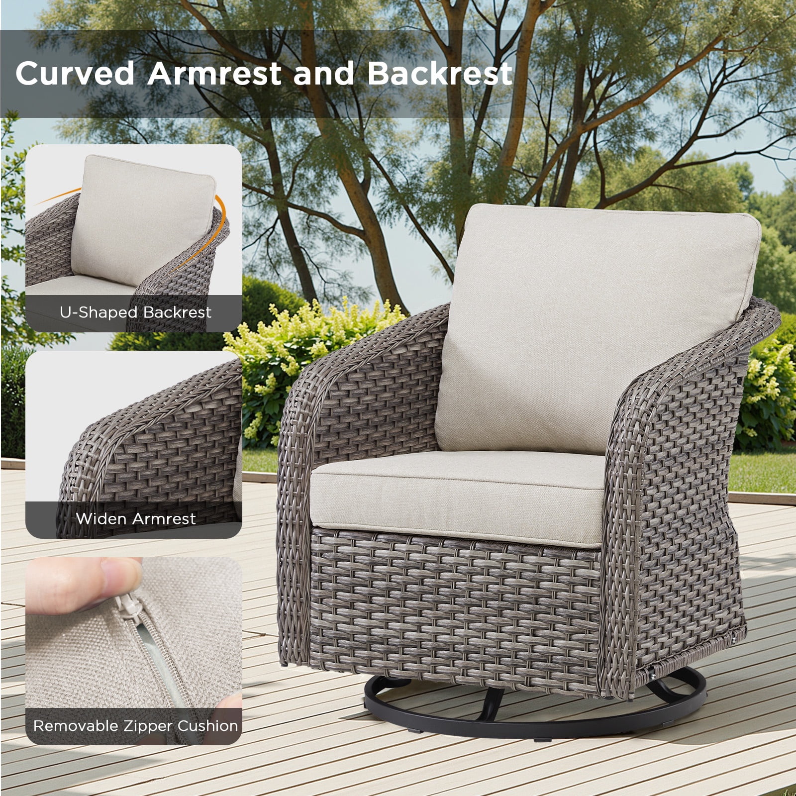 PPorfamilia 6 Piece PE Rattan Patio Conversation Sofa Sets, Outdoor Sectional Furniture Sets with Rocking Swivel Chairs and Ottomans, Beige Cushions