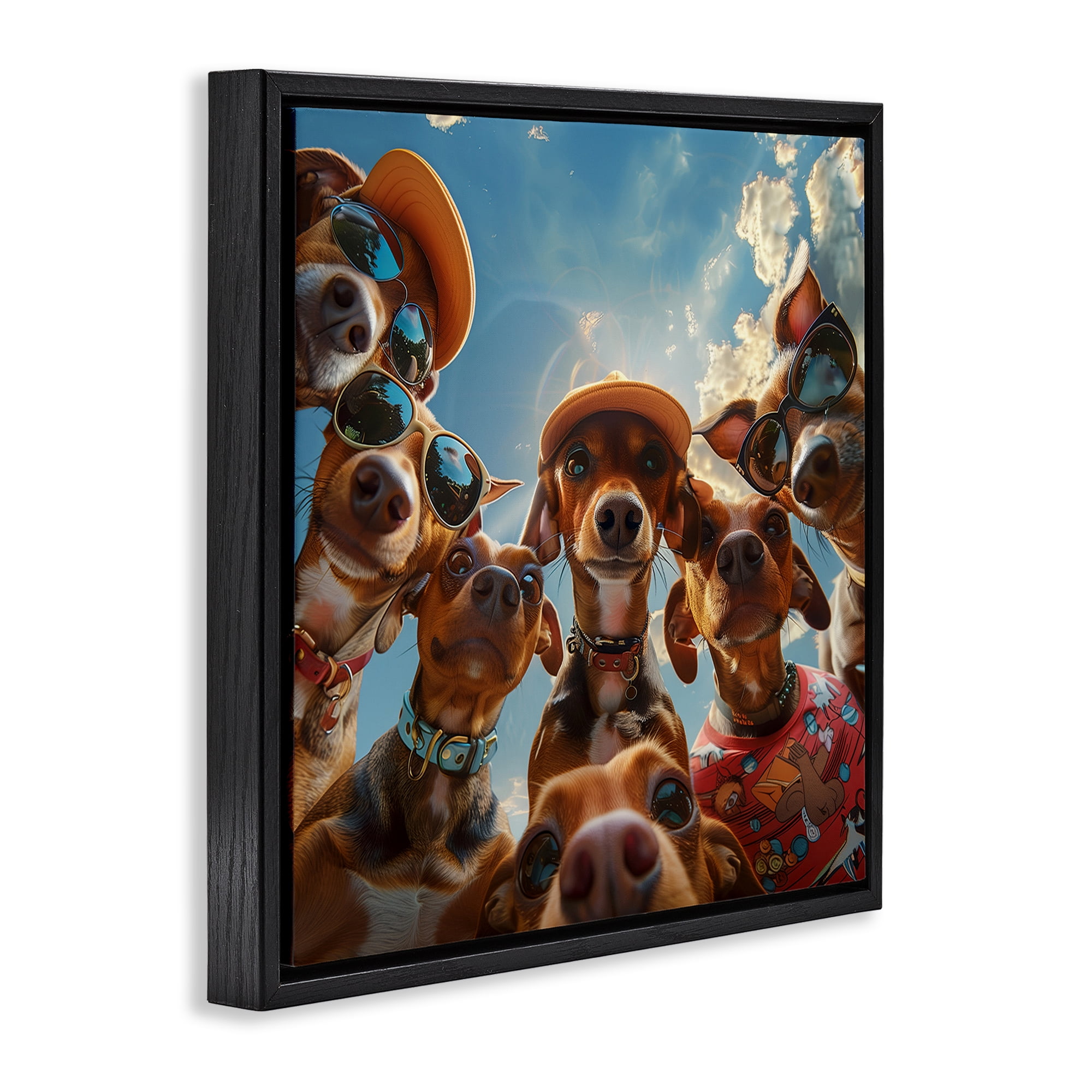 Stupell Industries Funny Wiener Dog Selfie Novelty & Humor Painting Black Floater Framed Canvas Art Print Wall Art, 18 x 18
