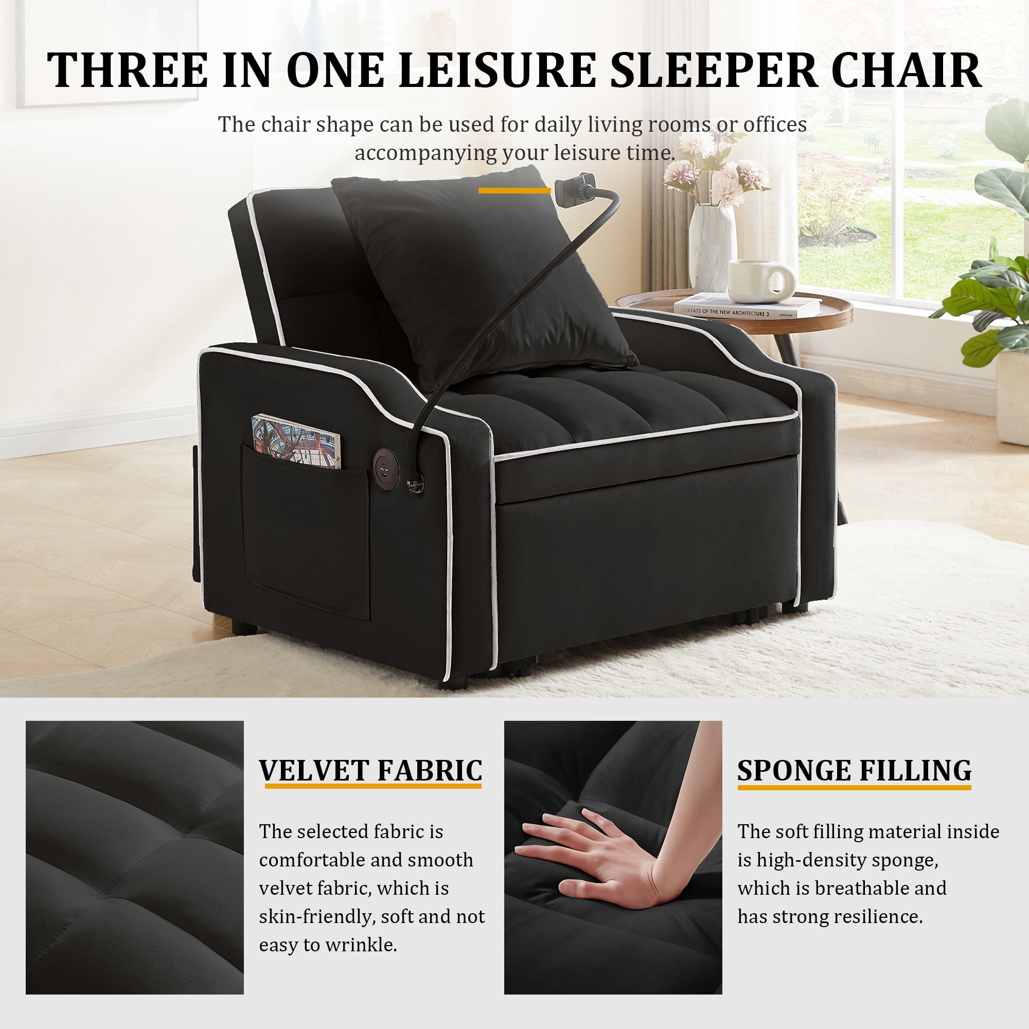 MOONMISS 3 in 1 Sleeper Sofa Chair Bed,Velvet Adjustable Recliner with Charge Ports&Phone Holder,Black