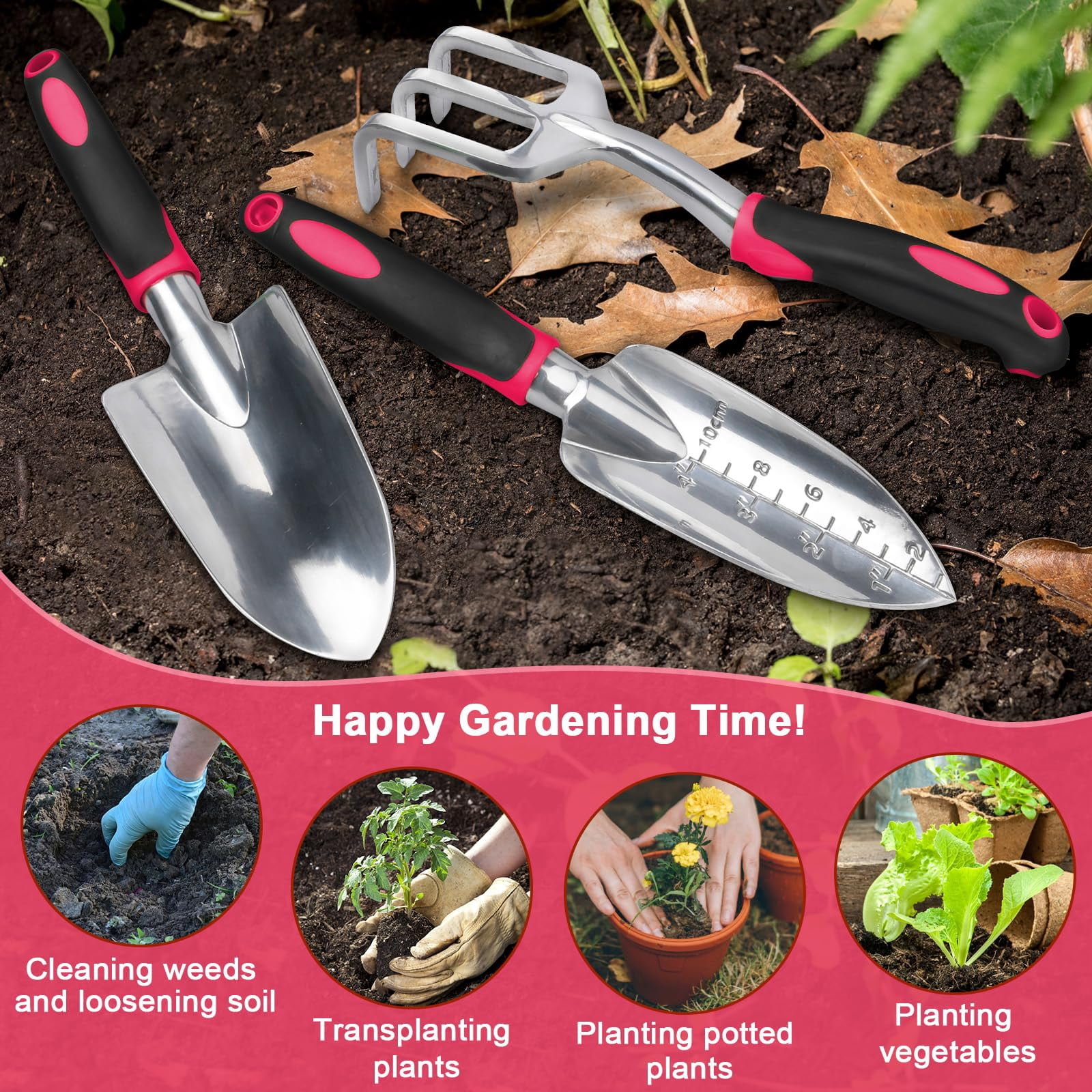 Heavy Duty Garden Tools Set 3-Pack with Ergonomic Non-Slip Handles Aluminum Alloy Shovel Trowel Hand Rake for Lawn and Planting