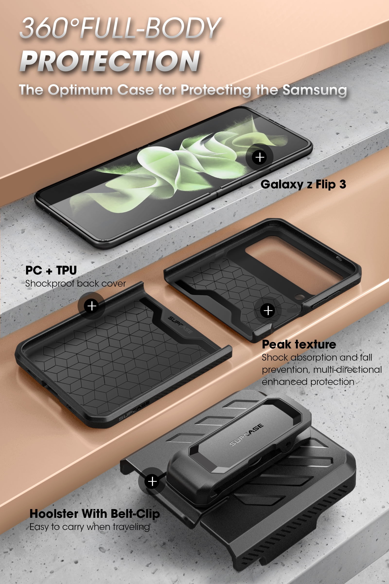 SUPCASE Unicorn Beetle Pro Series Case for Samsung Galaxy Z Flip 3 5G (2021), Full-Body Dual Layer Rugged Protective Case with Holster (Guldan)