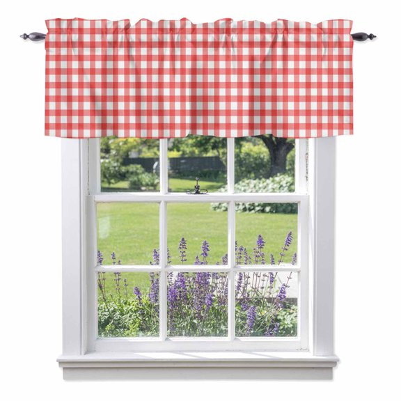 Curtain Valance for Windows, Classic Red White Plaid Kitchen Valances Rod Pocket Short Curtains, Minimalist Checkered Grid Window Valance for Bedroom Bathroom Living room 42x12in