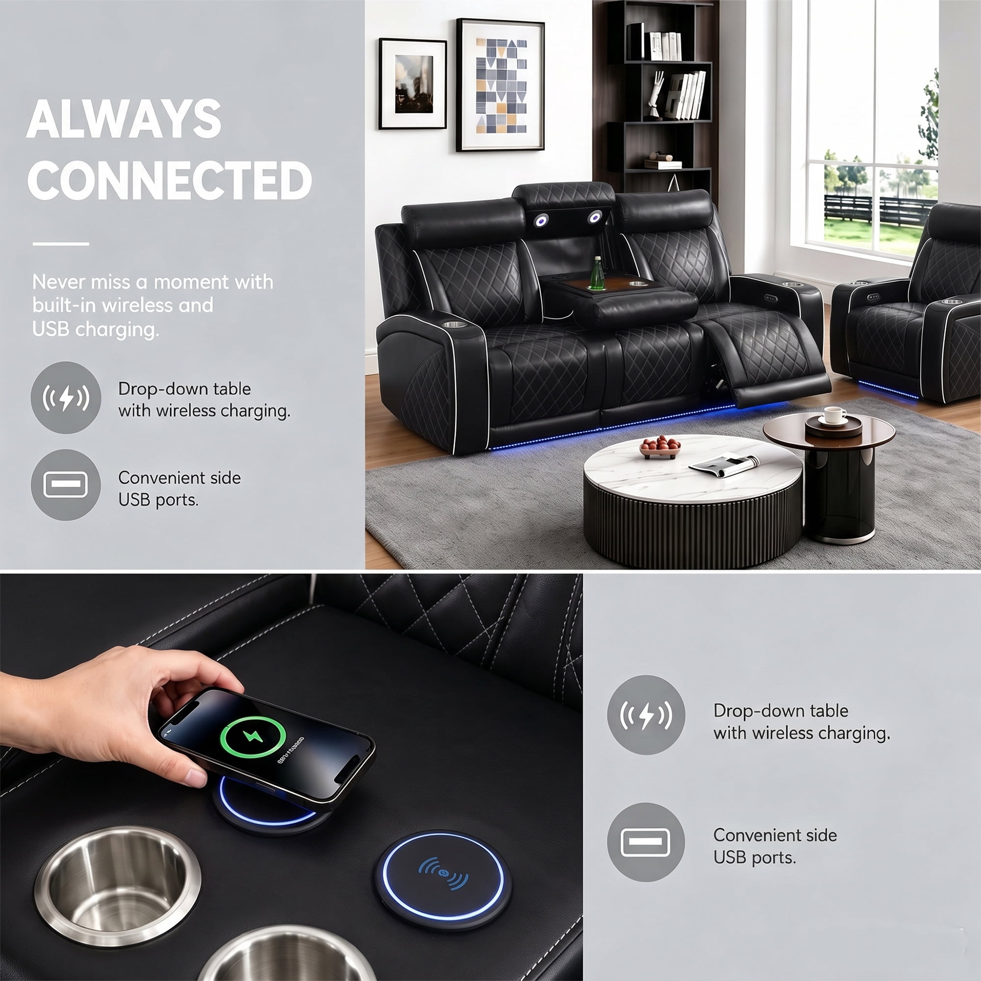 Aukfa Power Recliner 3 Seat RV Sofa with USB & Wireless Charging, Cup Holders Console & LED Lighting, Home Theater Seating for Living Room, PU Leather, Black