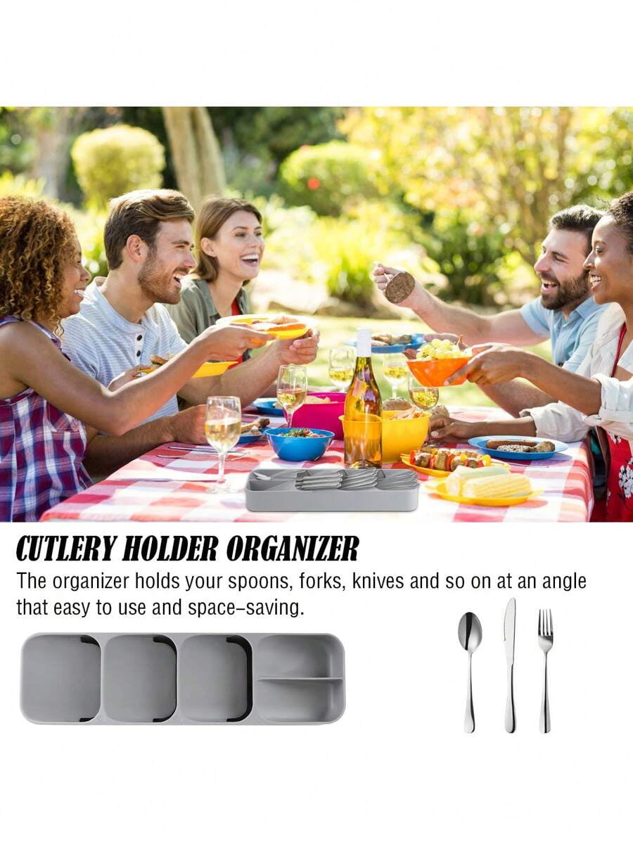 Kitchen Drawer Cutlery Organizer and Compact Space Saving Tray for Flatware, Silverware, and Utensils, Stackable Drawer Store Divider for Kitchen Organization and Storage, Gray