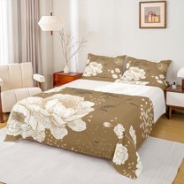 Manfei Retro Ustic Flower Twin Sheet Sets,Natural Plant Twin Fitted Sheet,Brown Beige Flat Sheet For Girls Boys,Super Cozy Room Decor,3 Pieces