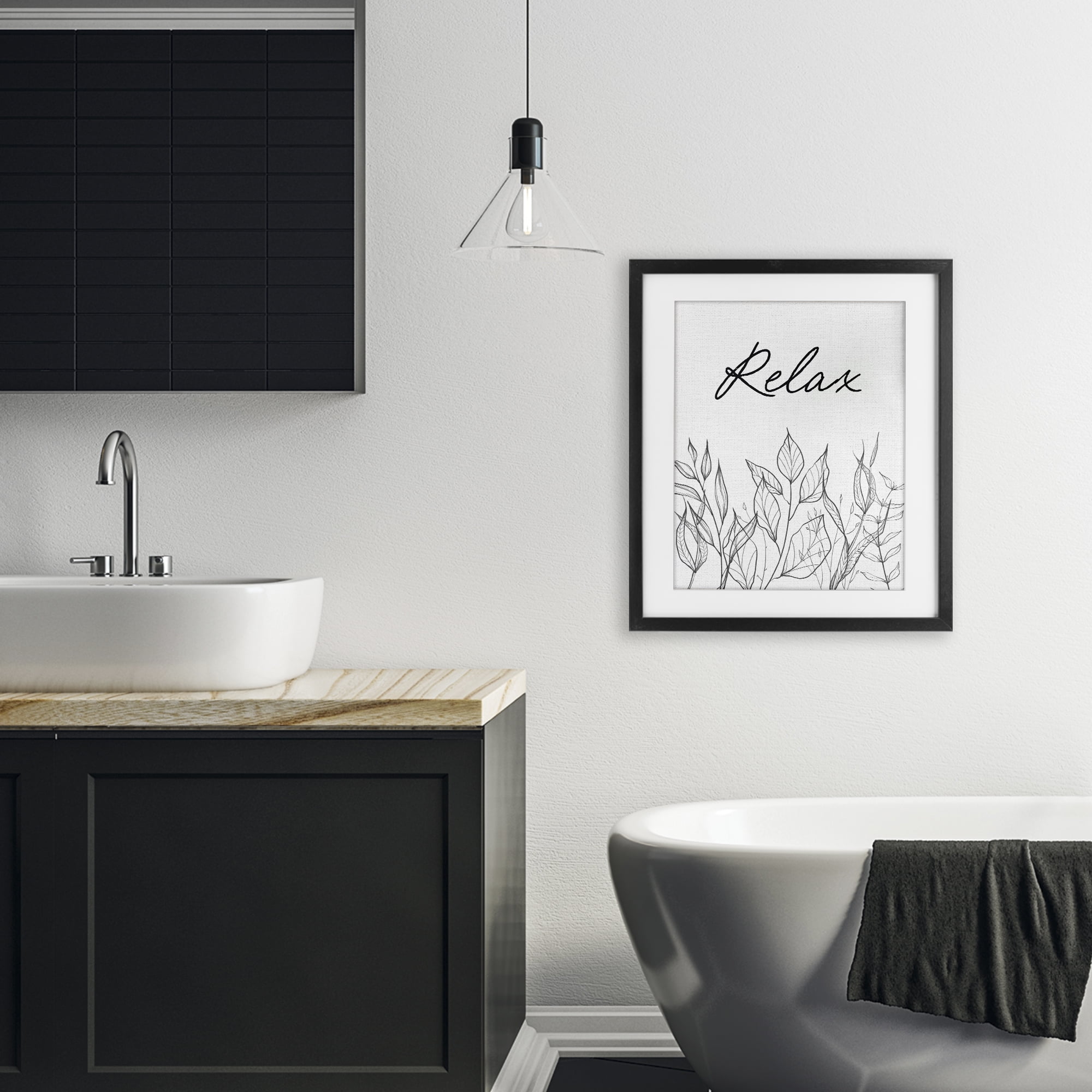Relax with Leaf Outlines Black Framed Print Under Glass, design by Lettered and Lined