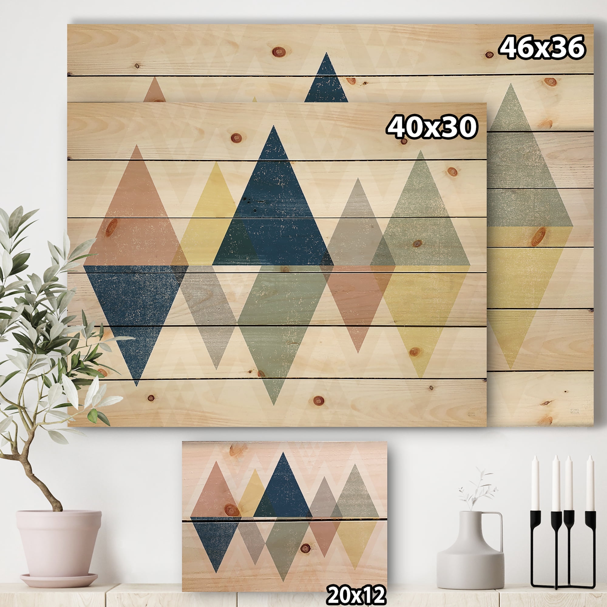 Designart 'Composition Geometrical Triangles III' Modern & Transitional Print on Natural Pine Wood