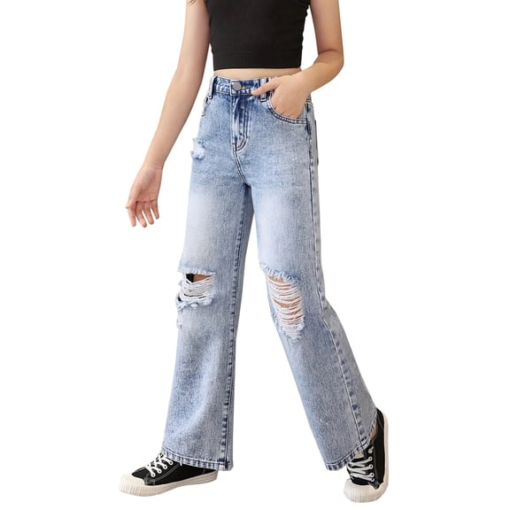 KVPLBQFD Girls Ripped Jeans Zipped Elastic Waist Baggy Wide Leg Denim Pants for Teens Unisex Y2K Streetwear Trendy Clothes for Kids