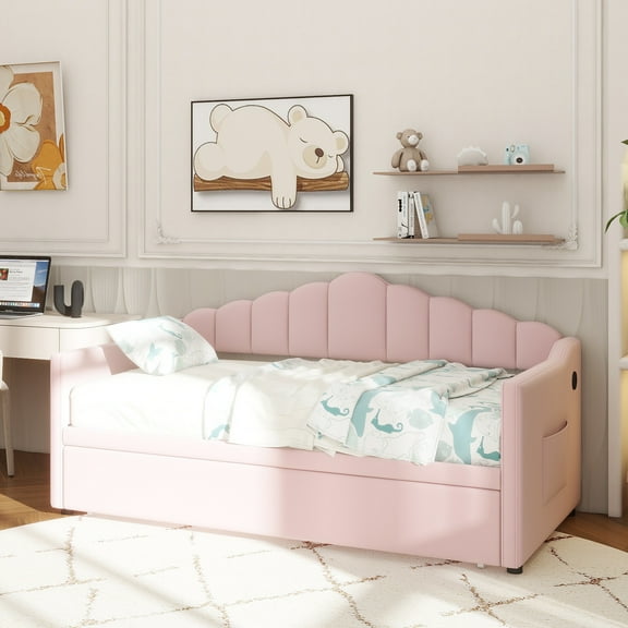 Upholstered Twin Size Daybed with Adjustable Height Pop Up Trundle Twin Bed and USB & Type-C Charging Port, Day Bed Frame with 2 Side Pockets, No Box-Spring Needed, Pink