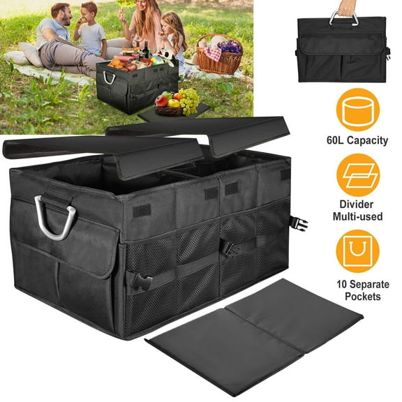 Moclever 60L Car Trunk Organizer Collapsible Multi-Compartments Storage Cargo Box with Cover Nonslip Bottom Black, 22.8x13.8x11.8 in