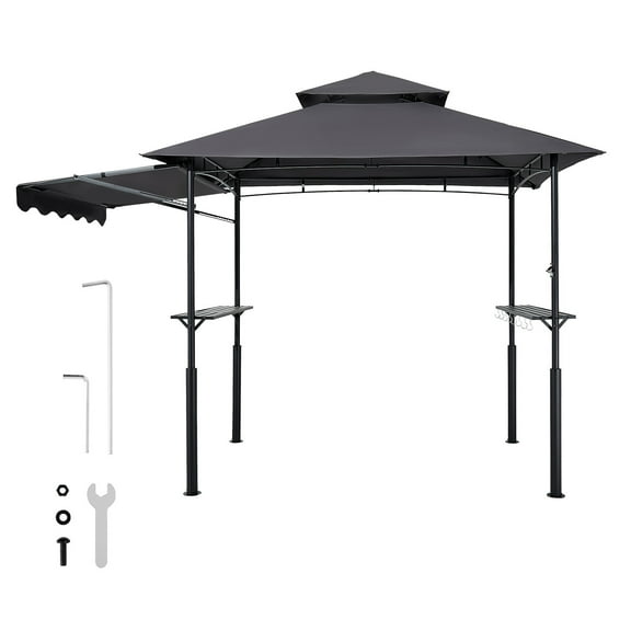KFFKFF Grill Gazebo, 8 x 5 ft with Dual-Layer Roof, Sturdy BBQ Shelter Featuring Extended Awning, Steel Frame with Side Shelves & Hooks, Outdoor Canopy for Patio or Garden Cooking