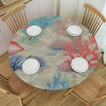 

Round Table Covers Indoor Outdoor Fitted Tablecloth with Elastic Edge Waterproof Wipeable Table Cloth Retro Summer Ocean Coral Starfish Beige Table Cover for Camping