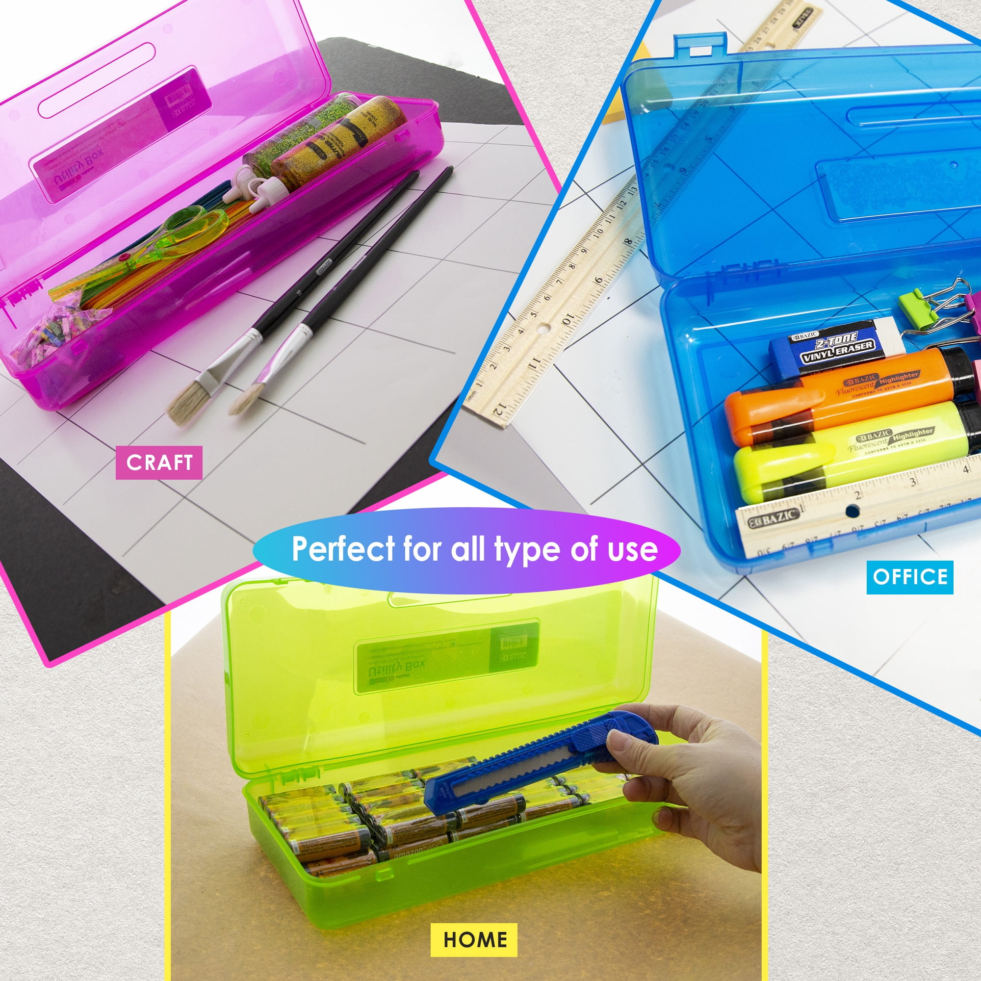 BAZIC Plastic Pencil Case, Ruler Length Utility Box, Assorted Color, 12-Pack