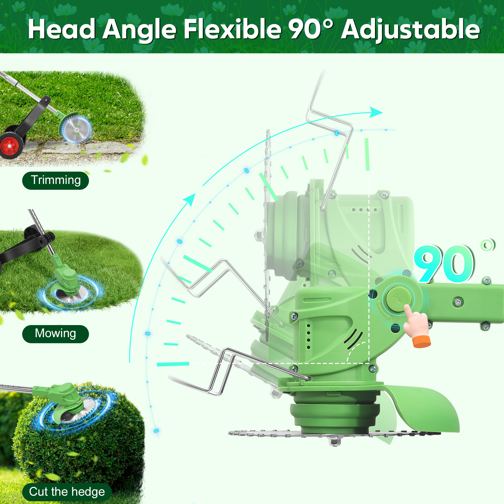 RELOIVE Weed Eater,Cordless Weed Trimmer,Electric Weed Wacker, with 2PCS 3000mAh Batteries and Charger, 5-in-1 String Trimmer with Wheels, 43.3''-53.1'' Adjustable for Garden Yard