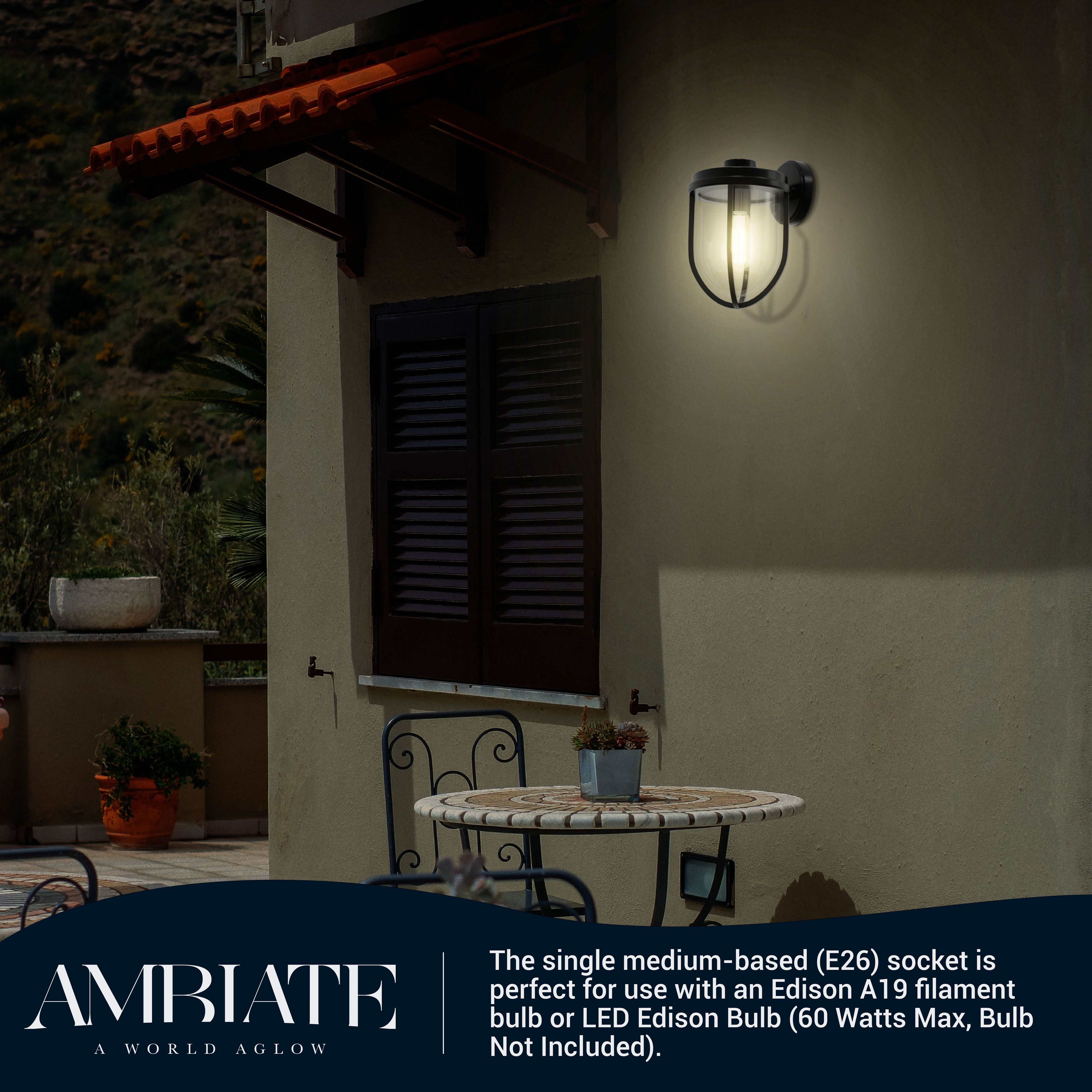 Ambiate Uccella Industrial Farmhouse Wall Sconce, Single Medium Base Socket (E26), Outdoor Use, Black Finish, Glass Globe, for Porches, Patios, Garage Openings, Commercial or Residential, ETL
