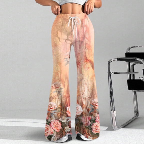 Women's Fashion Loose Drawstring Waist Floral Print Casual Sports Flared Pants, Elastic Joggers Sweatpants, Stylish Yoga Pants for Women,Complexion,S