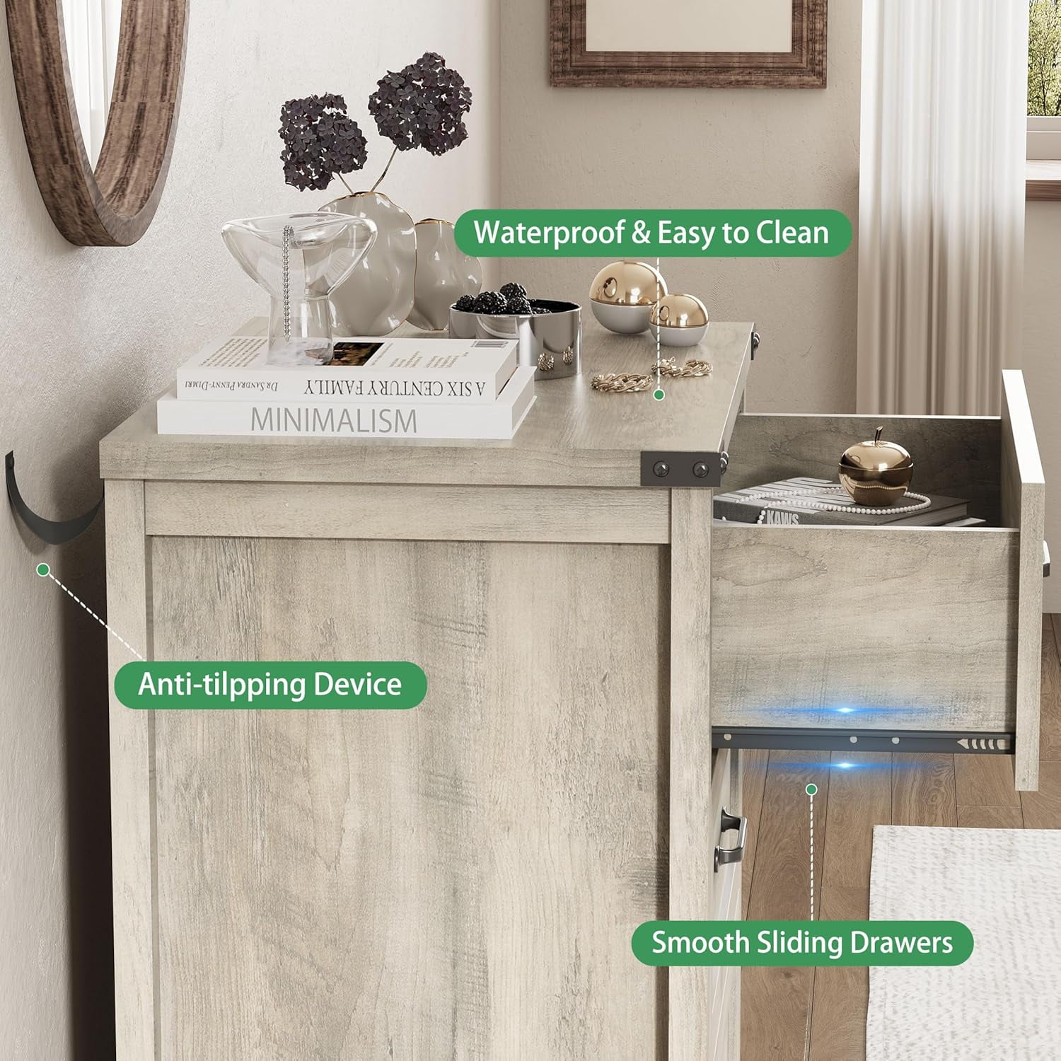 FANRAL 3 Drawers Dresser for Bedroom,Small Bedside Table,Narrow End Table Storage Cabinet,Wood Dresser