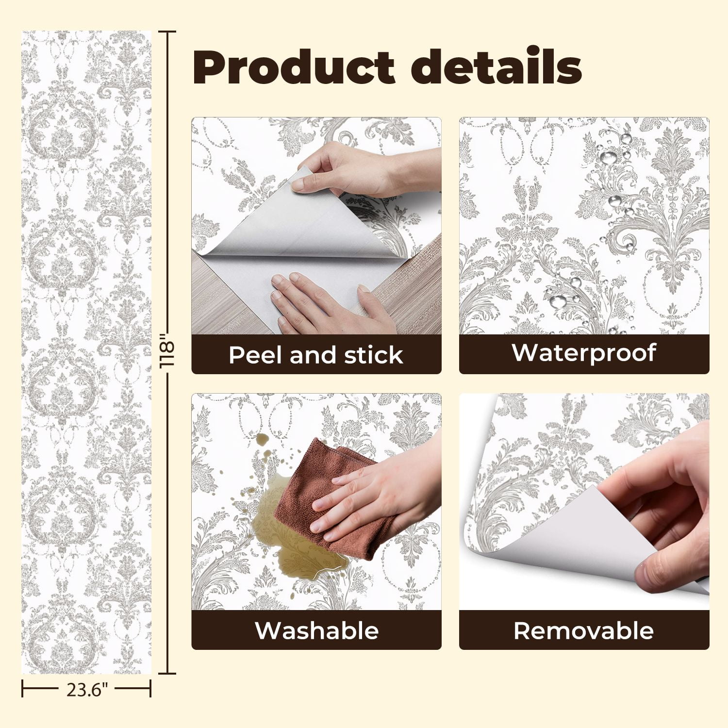 Vintage Peel and Stick Wallpaper 23.6in x 9.8ft Elegant Grey Floral Damask Ornate Baroque Style Motifs Contact Paper Vinyl Waterproof Self Adhesive Wall Paper for Bedroom Shelf Cabinet