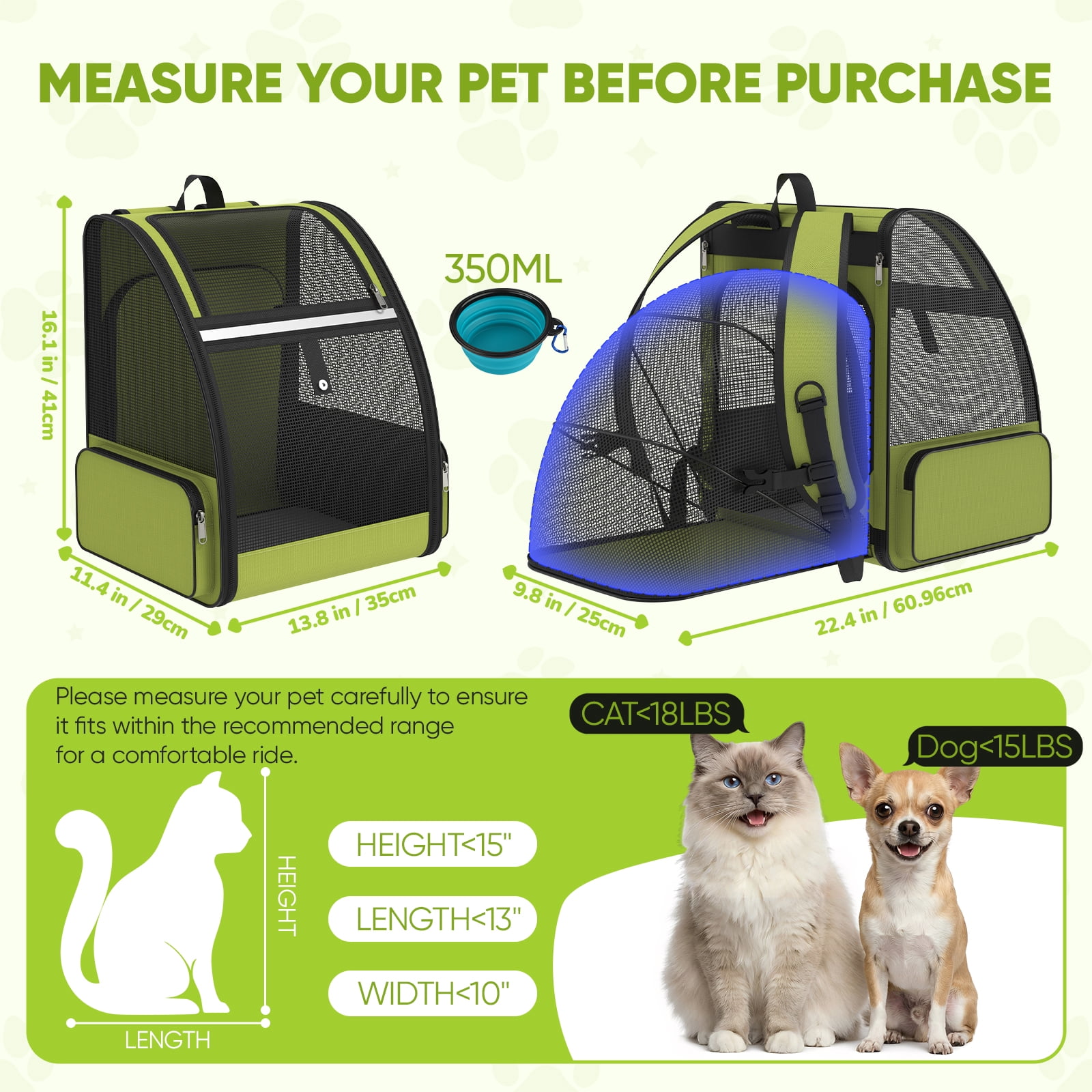 Cat Carrier Backpack Expandable Breathable Pet Carrier for Large Cat Puppy Outdoor Travel Pet Backpack with Vantilated Mesh, Green