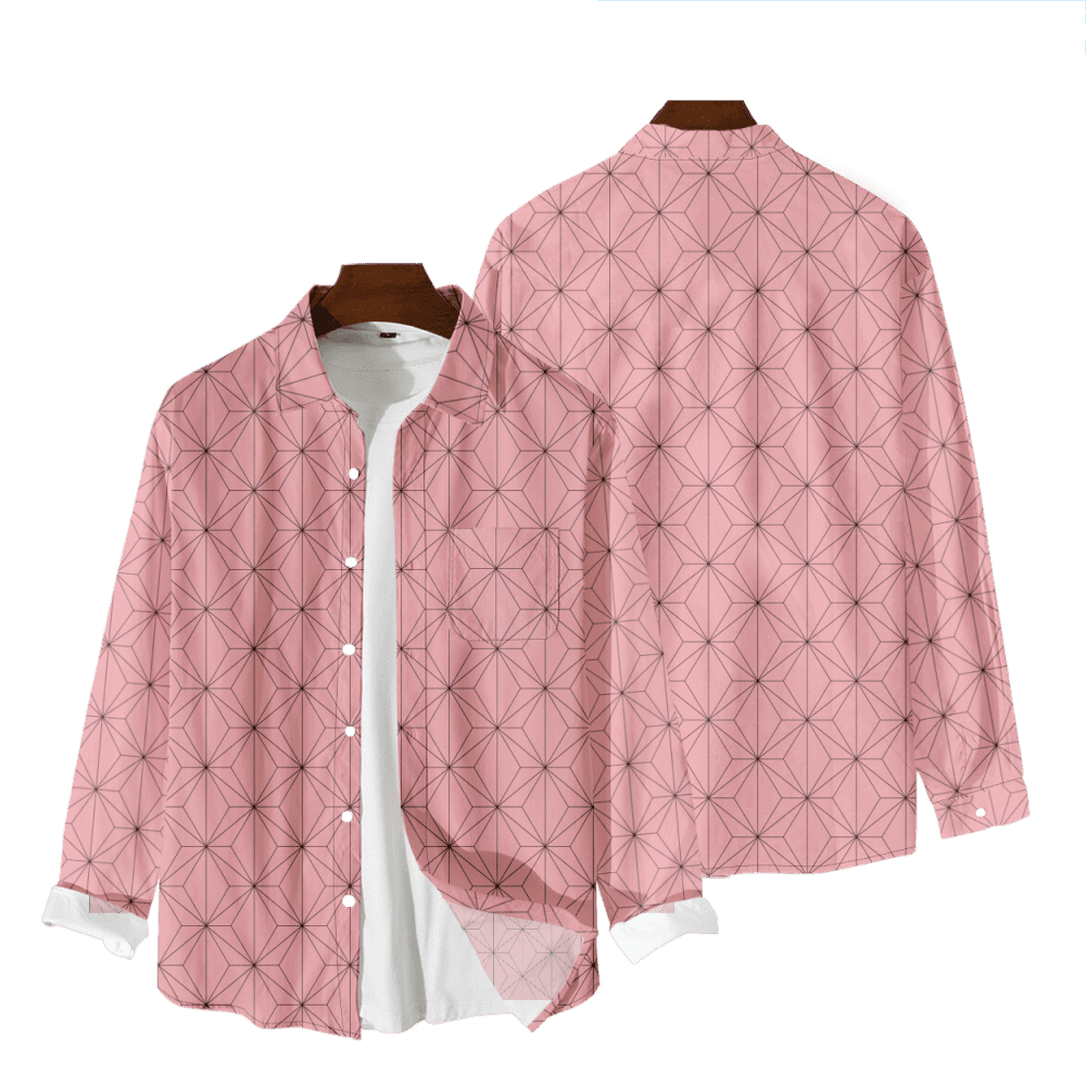 Akaza from Demon Slayer Long Sleeve Button Shirt with Split Color Background and Martial Arts Pose Manga Style Design TS04 main image 1