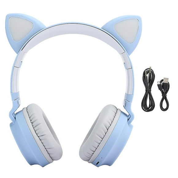 Cat Ear Bluetooth 5.0 Headphones LED Noise Cancelling Young People Kids Cute Headset Support Memory CardGray Blue