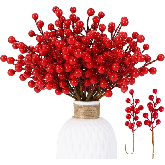 30 Pack Artificial Red Berry Stems, Christmas Red Berries Picks Holly Berry Branches for Christmas Tree Ornaments Xmas Wreath DIY Crafts Winter Holiday Home Decoration