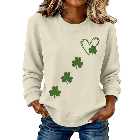 WTXUE Womens Irish Clover St Patricks Day Sweatshirt Oversized Sweatshirt Cute Tees for Saint Patricks Day Shamrock Long Sleeve Clover Sweatshirts Crewneck Sweatshirts Soft Sweatshirt Beige L